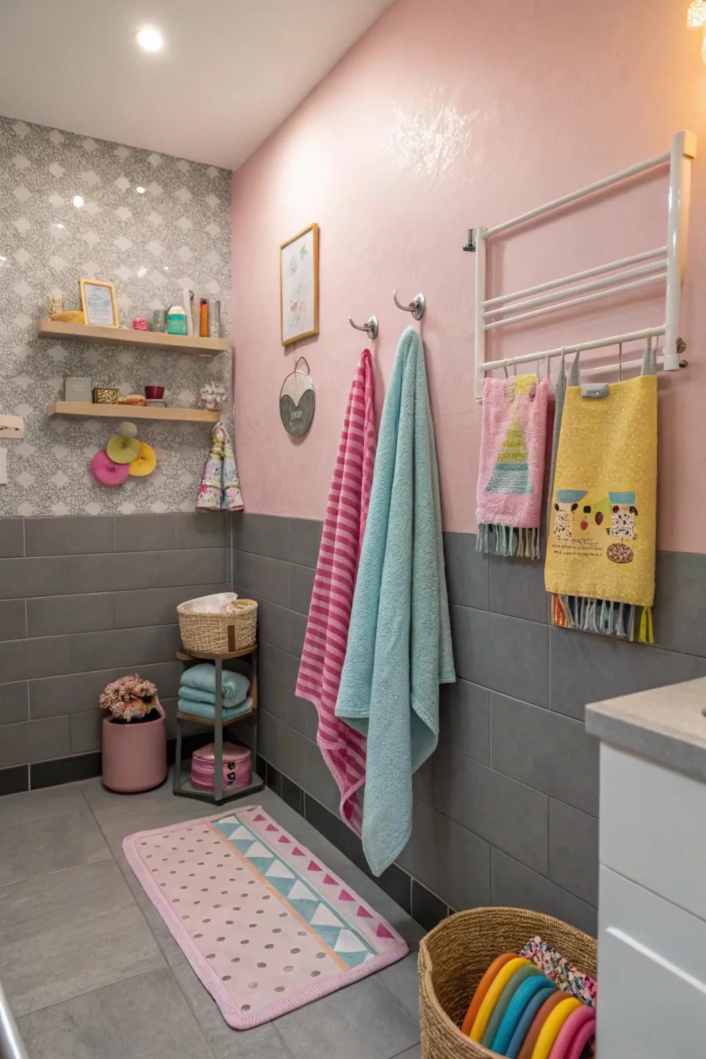 A whimsical rose and gray two-tone wall design that balances elegance and playfulness.