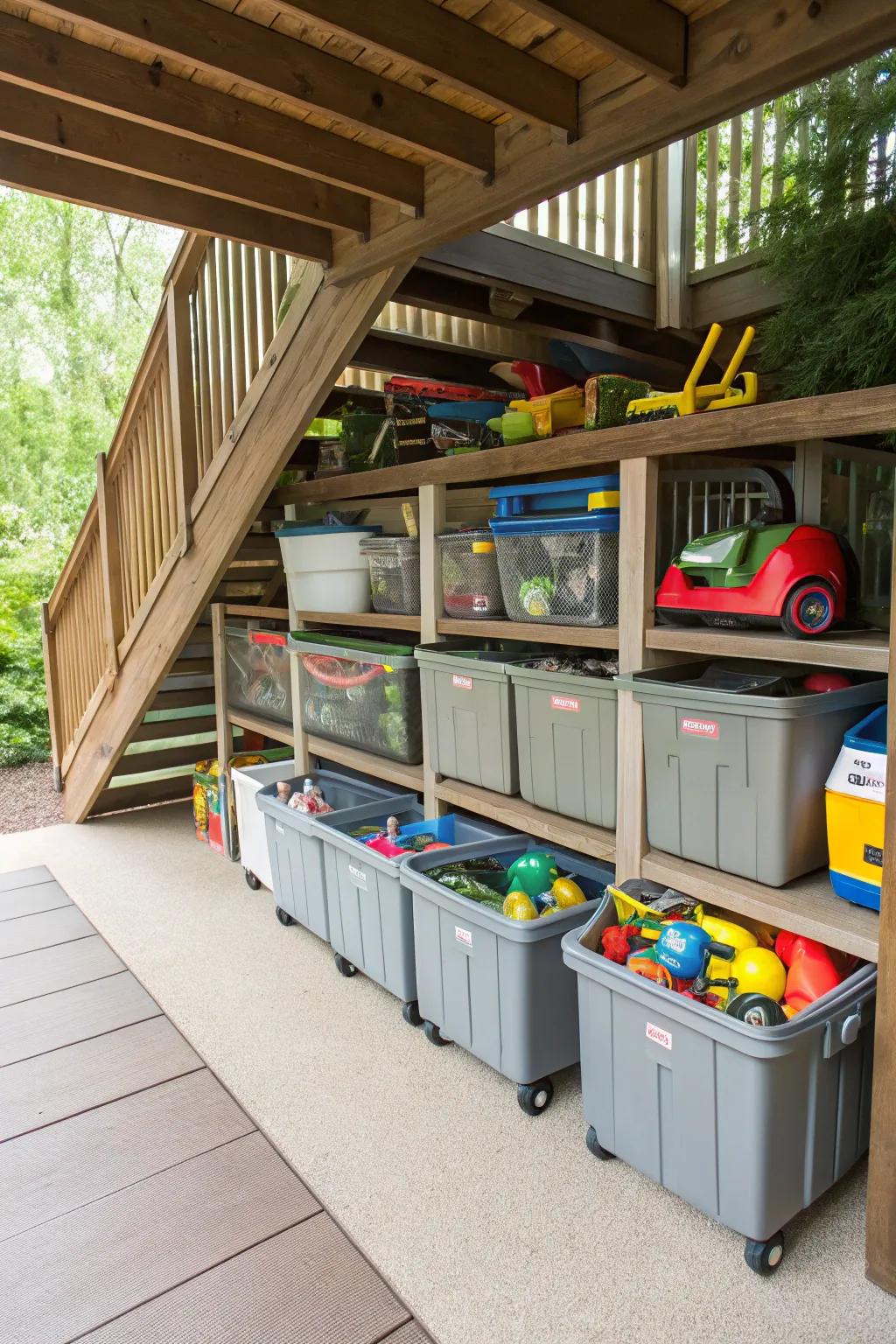 Mobile containers offer effortless access and mobility for under-deck storage.