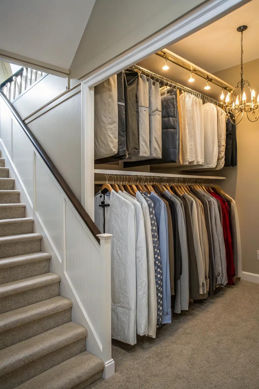 A seasonal wardrobe solution beneath the stairs for easy access.