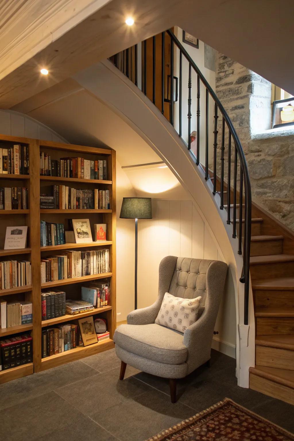 A mini library offering a cozy reading retreat under the stairs.