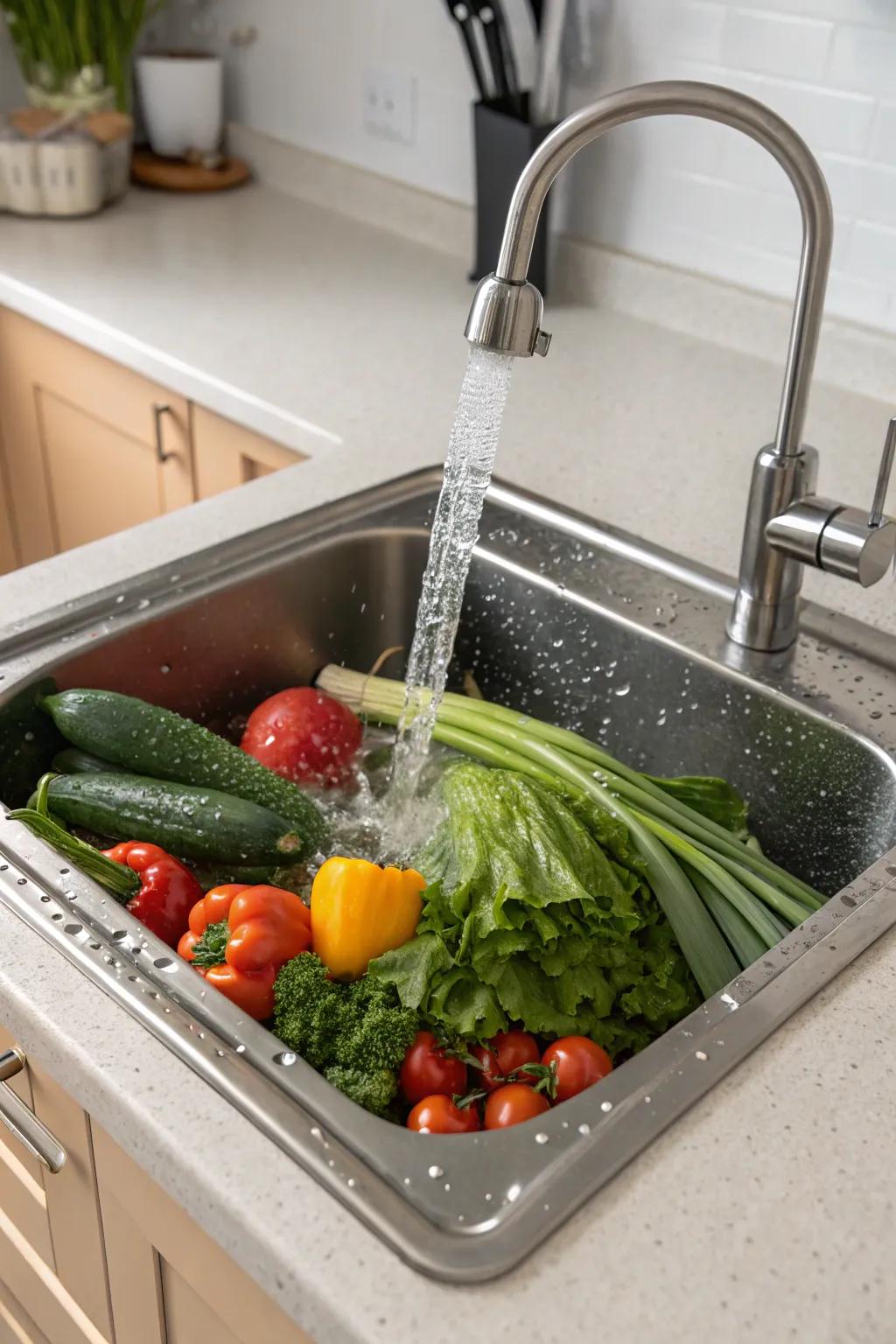 An undermount sink with an efficient strainer for easy rinsing.