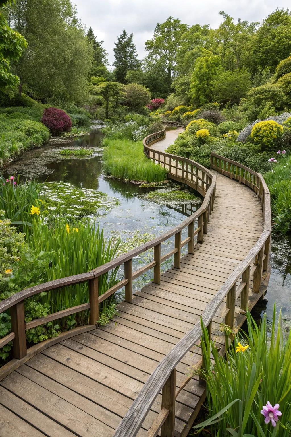 Elevated timber paths provide a unique method to navigate damp or uneven garden zones.