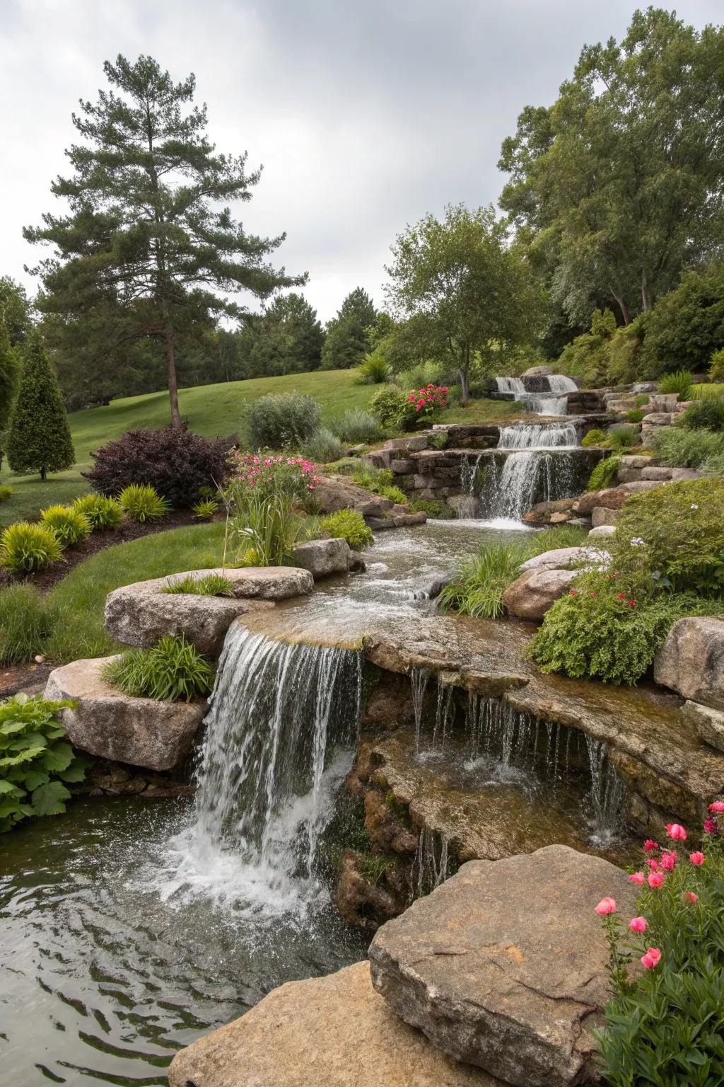 Tiered waterfalls incorporate depth and drama to outdoor areas.