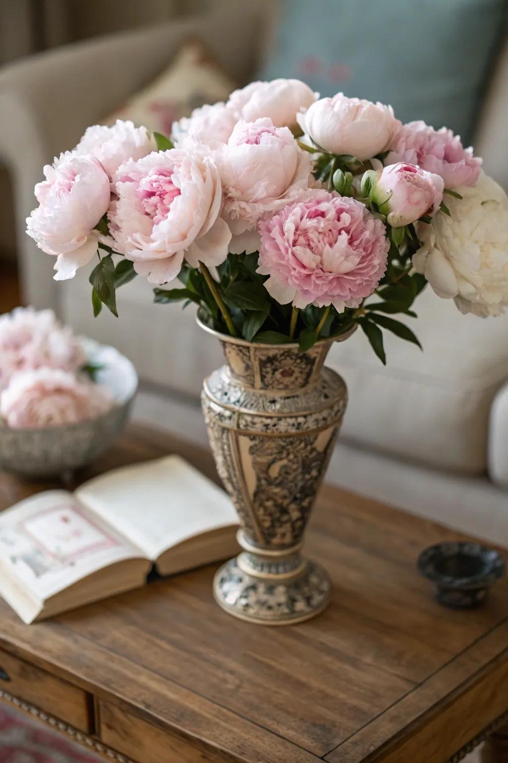 Elegant centerpiece featuring light pink peonies