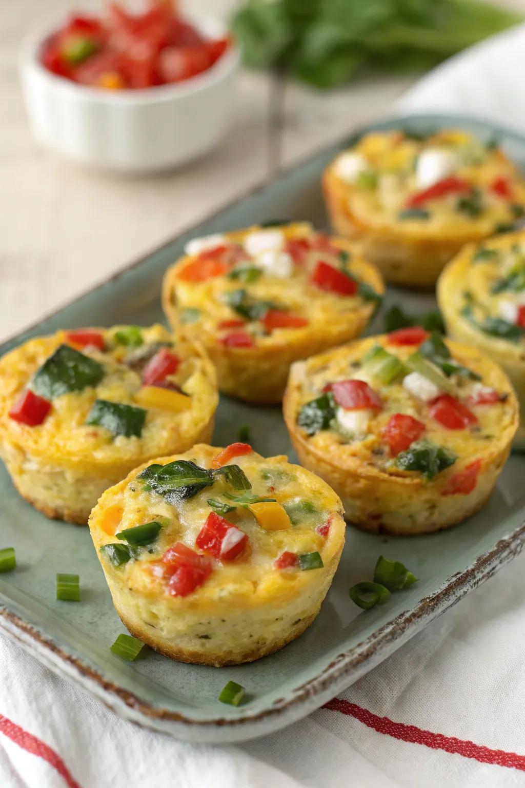 Flavorful diminutive egg morsels showcasing garden-fresh produce and cheese.