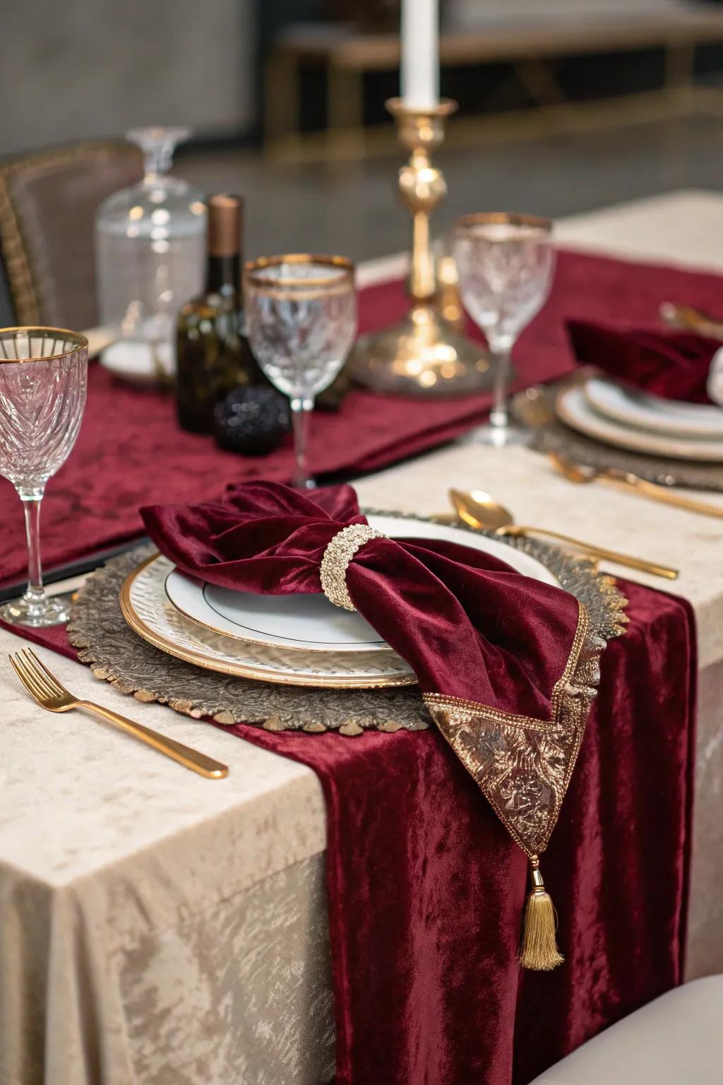 Velvet accents provide an air of luxury.