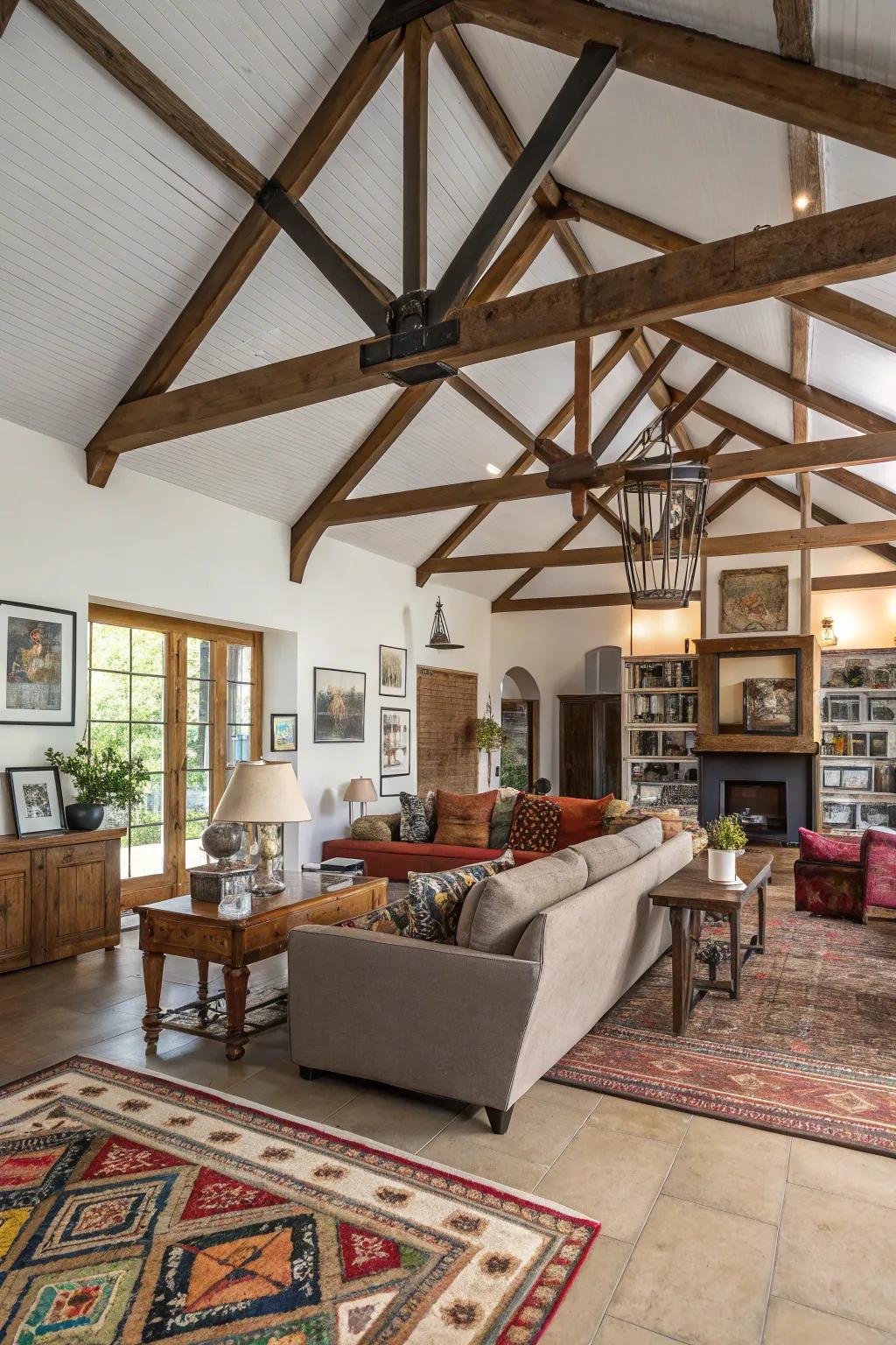 A varied combination of elements creating a distinctive vaulted ceiling design.