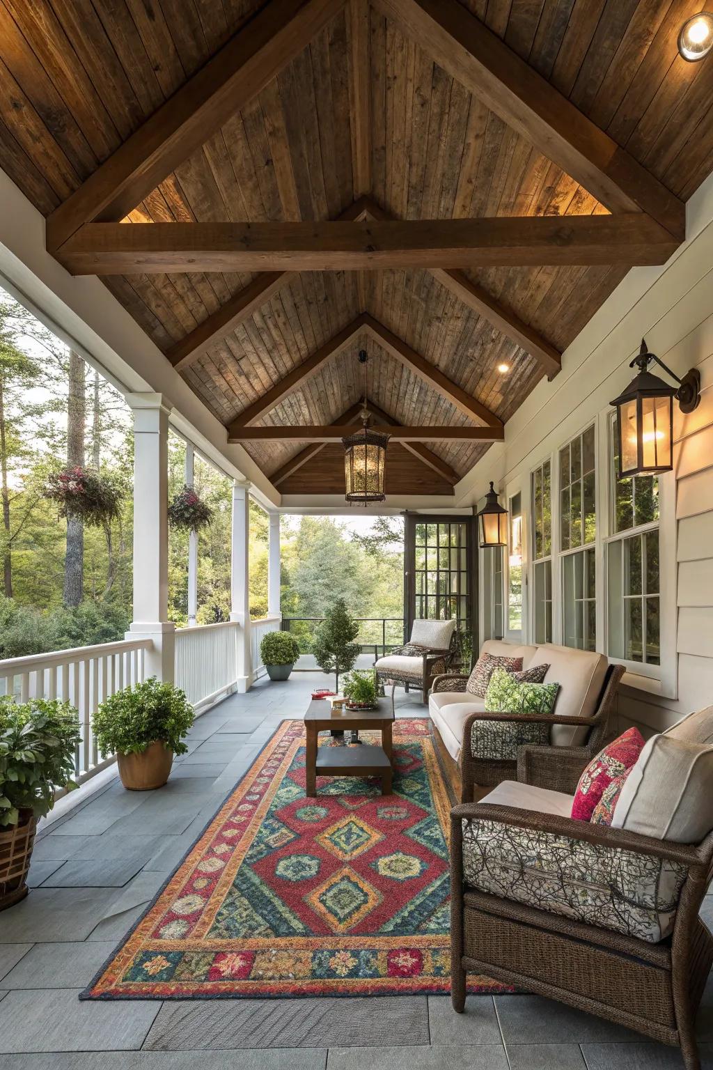 Add comfort with a decorative rug on your porch.
