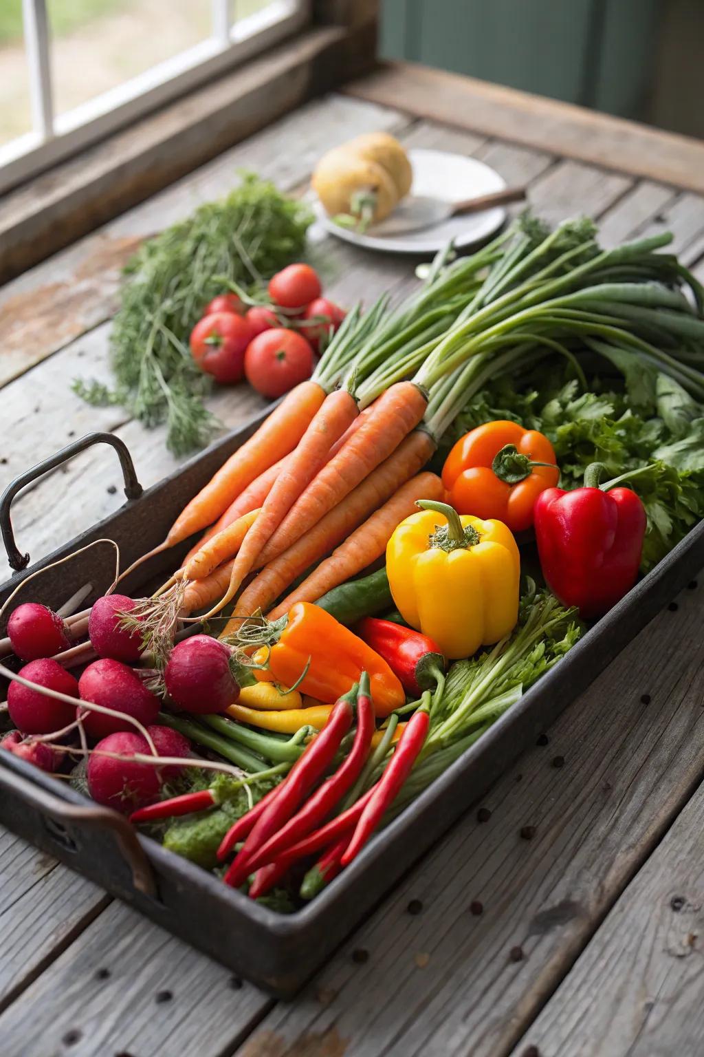 Veggie platter showcasing garden-fresh local produce.