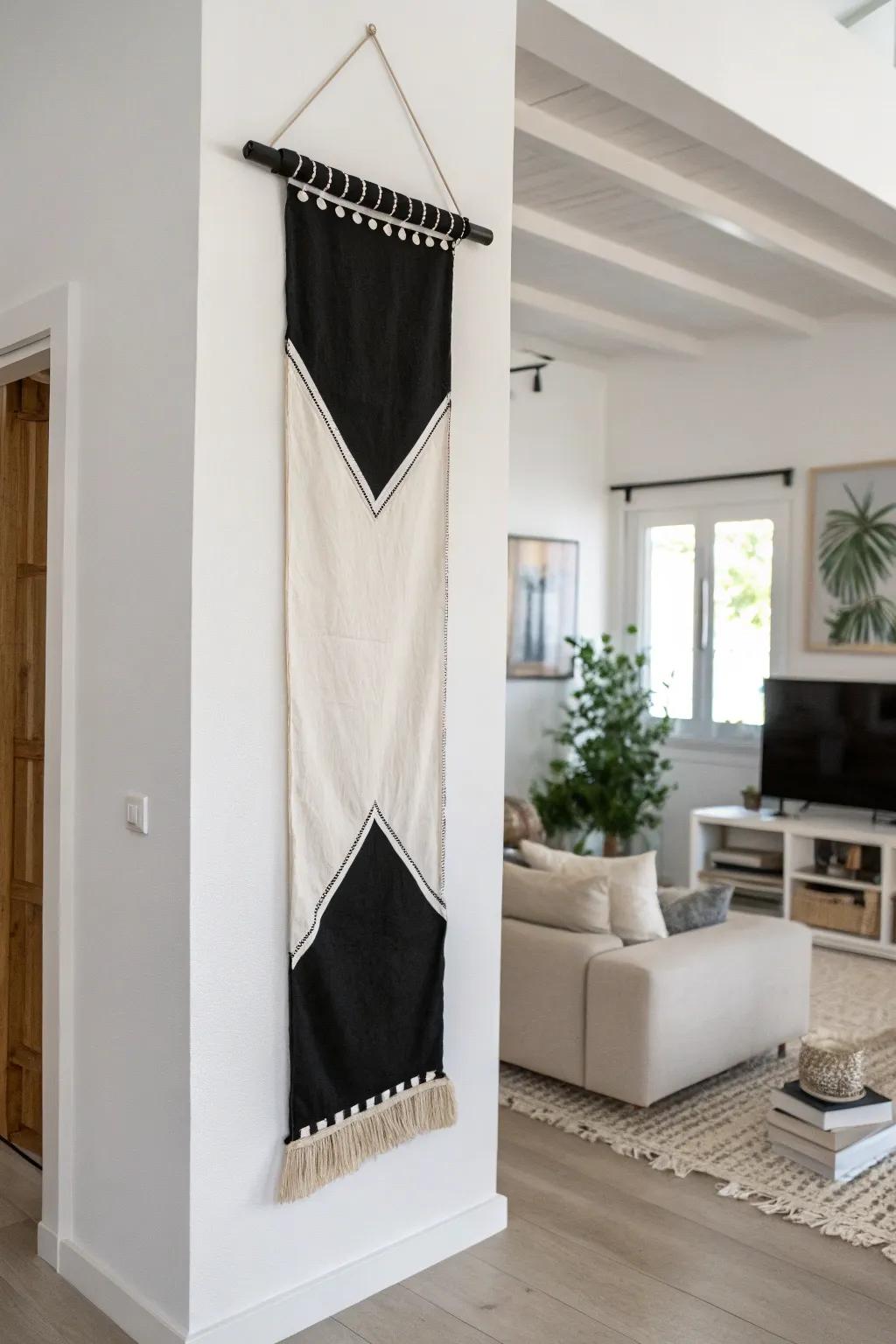A monochrome banner infuses classic elegance into a minimalist space.