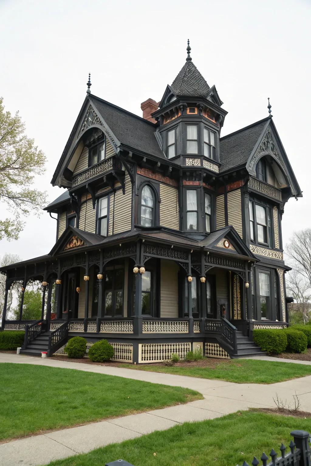 Charcoal accents introduce a modern twist to classic Victorian architecture.