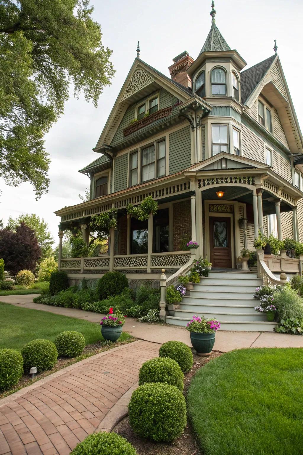 Symmetrical plants introduce a touch of nature to this Victorian entrance.