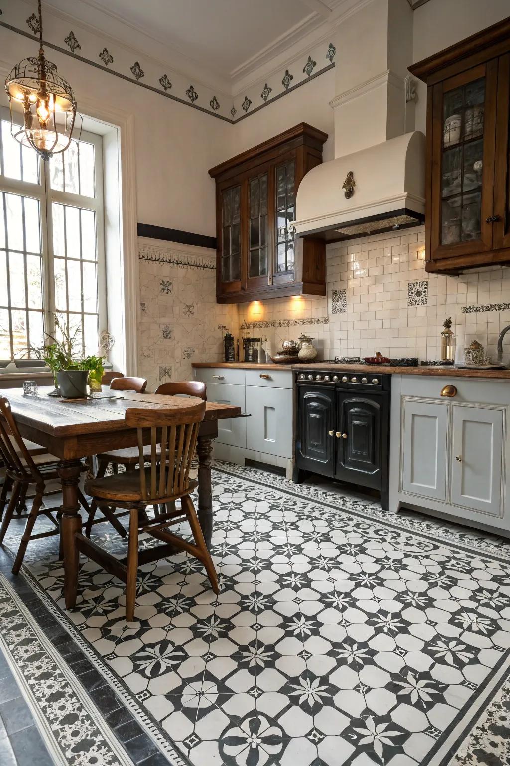 Patterned flooring tiles contribute a striking and true touch to Victorian kitchens.