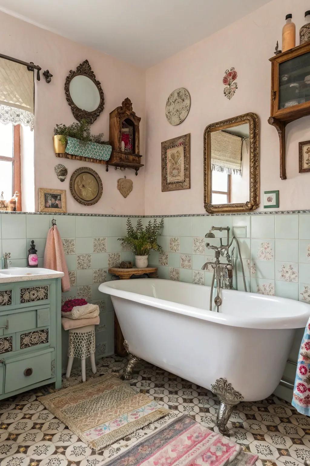Eclectic accessories give a personal impression to vintage bathrooms.