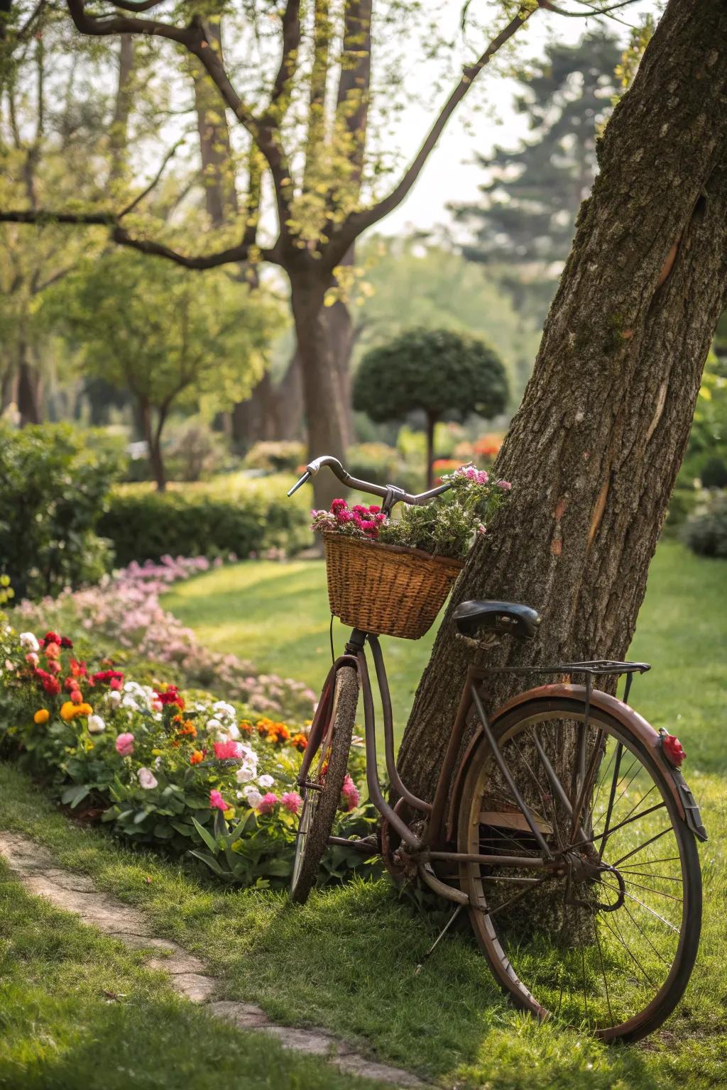Bicycles inject a playful appeal to garden decorations.
