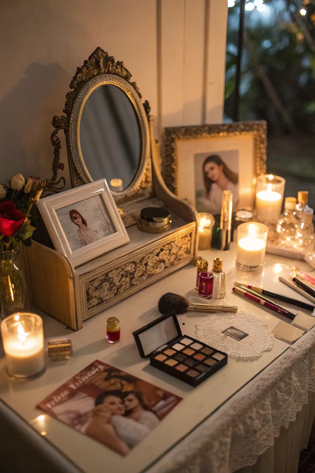 Personal accents such as photographs and wax lights add warmth to your vanity.