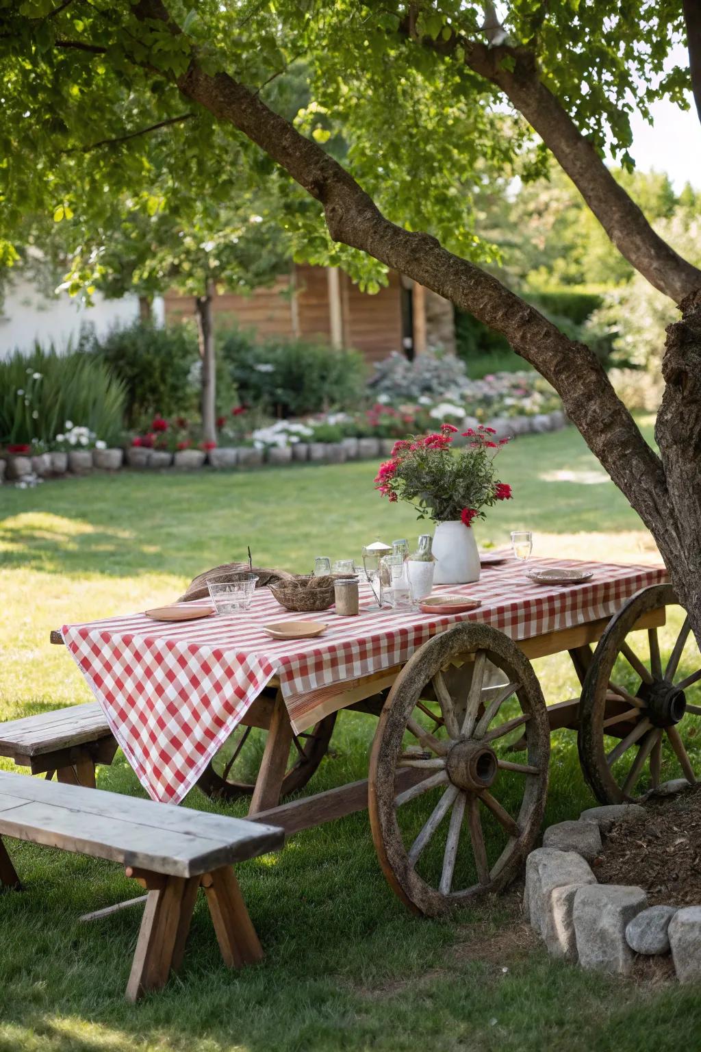 An outdoor picnic table featuring cart wheels as its legs, offering rustic flair.