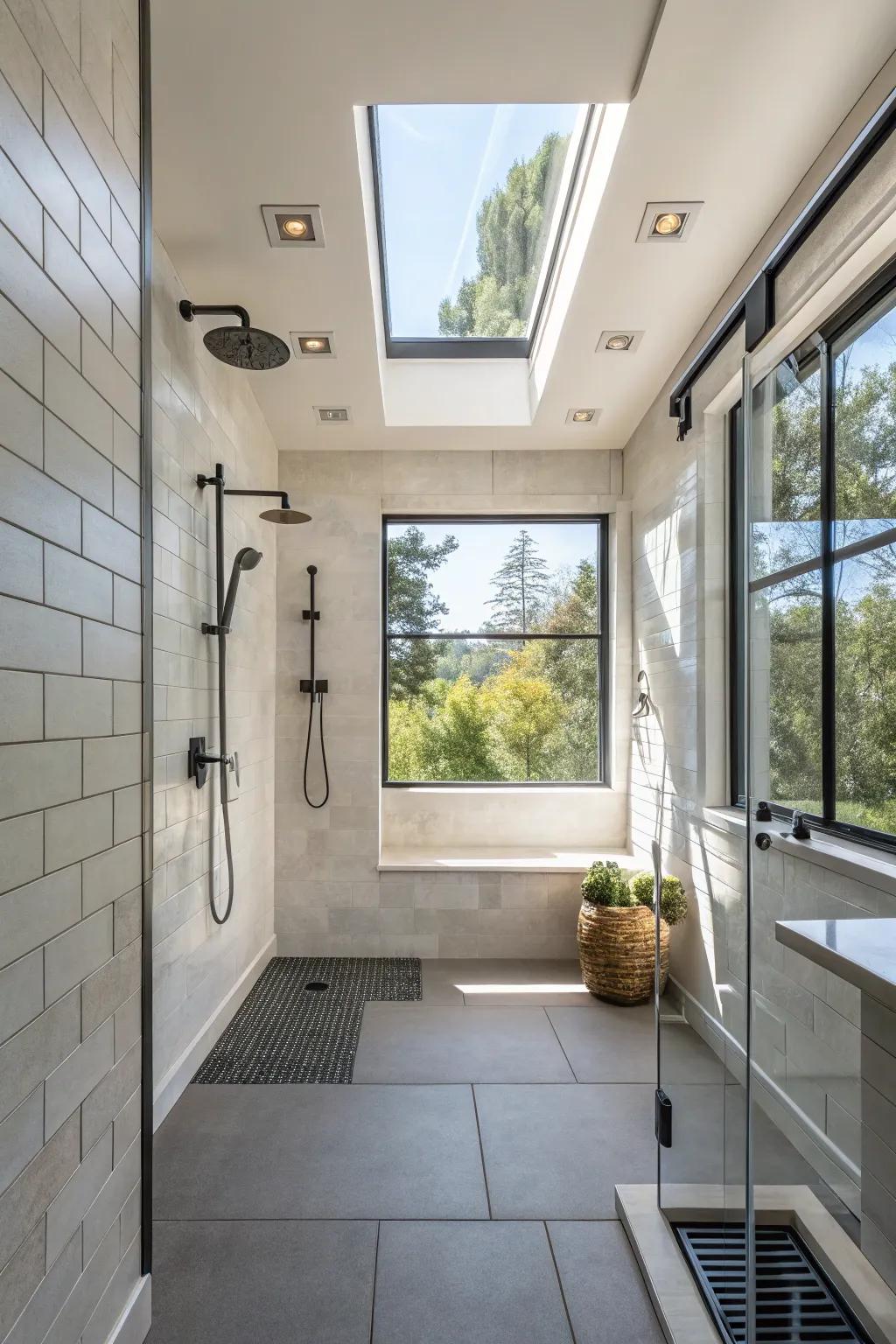 A high window above a walk-in shower, allowing light to pour in while ensuring privacy.