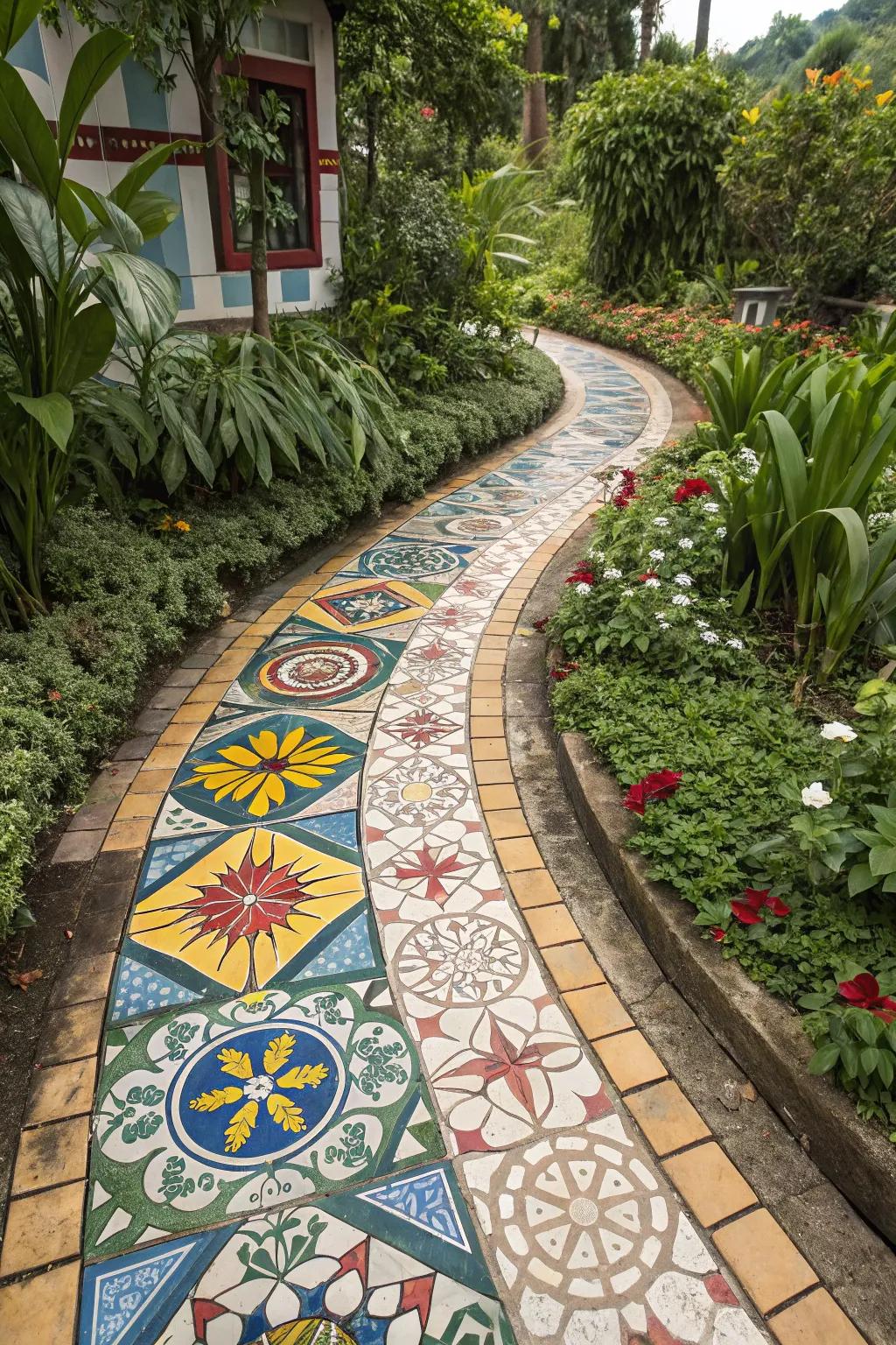 Mosaic tile paths add color and artistry to gardens.
