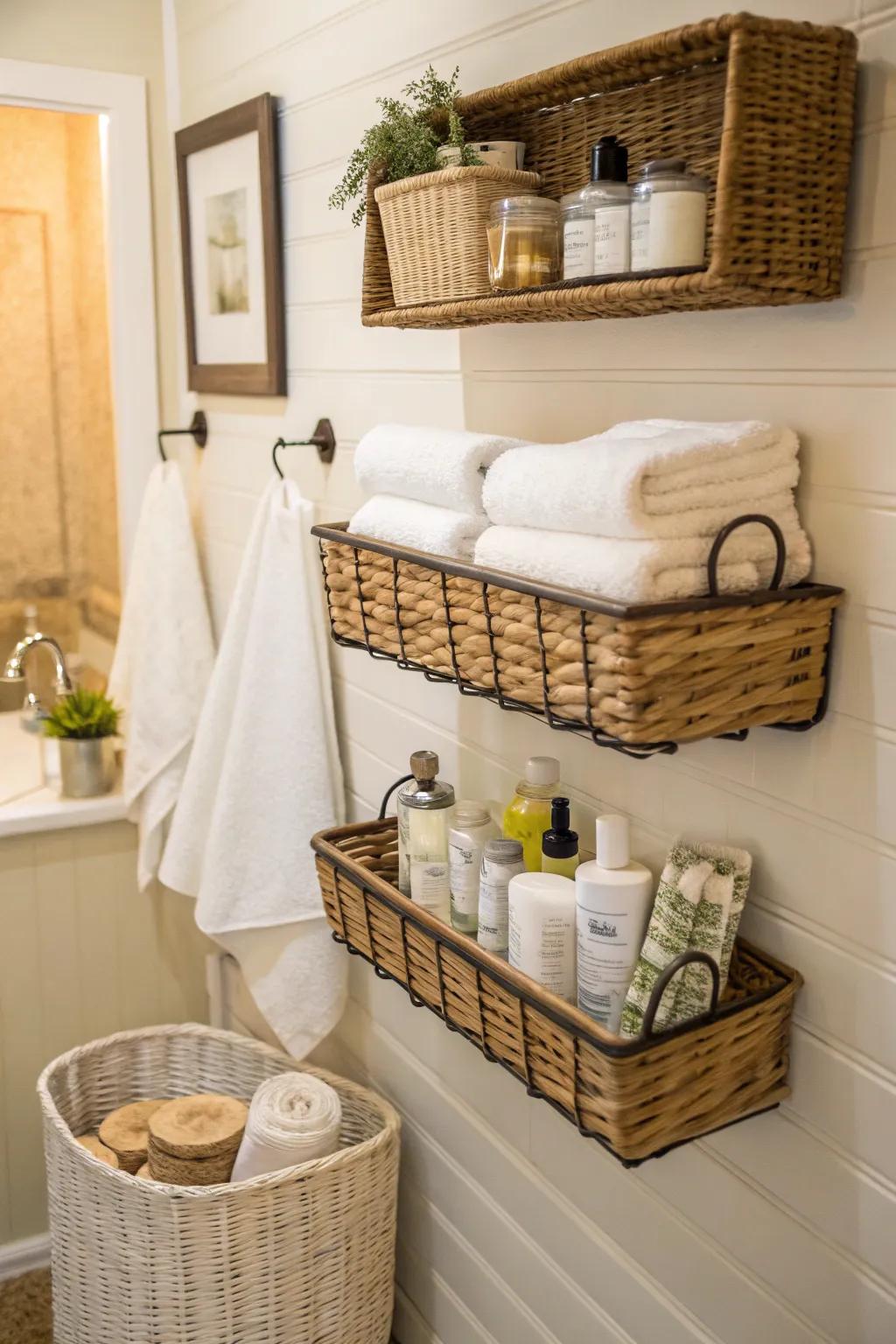 Basket walls in bathrooms add style and functionality.