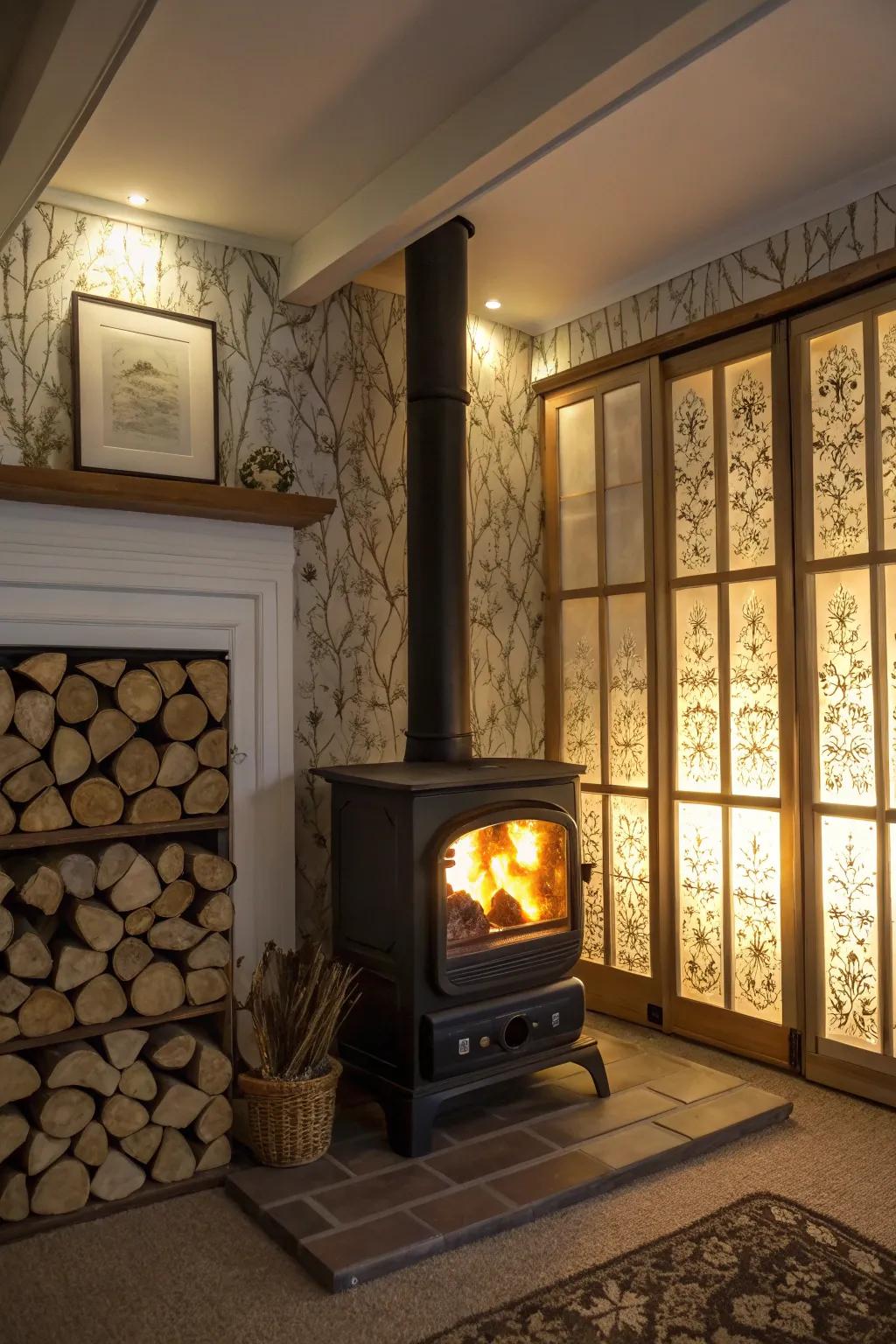 Backlit panels contribute depth and a warm ambiance to your wood-burning area.