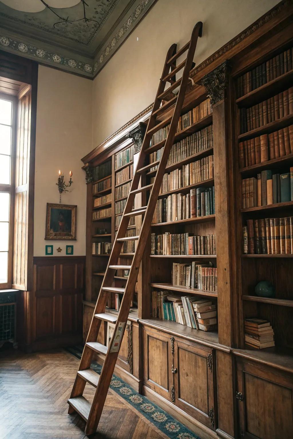 A rolling library ladder adds vintage charm and easy access to tall shelves.