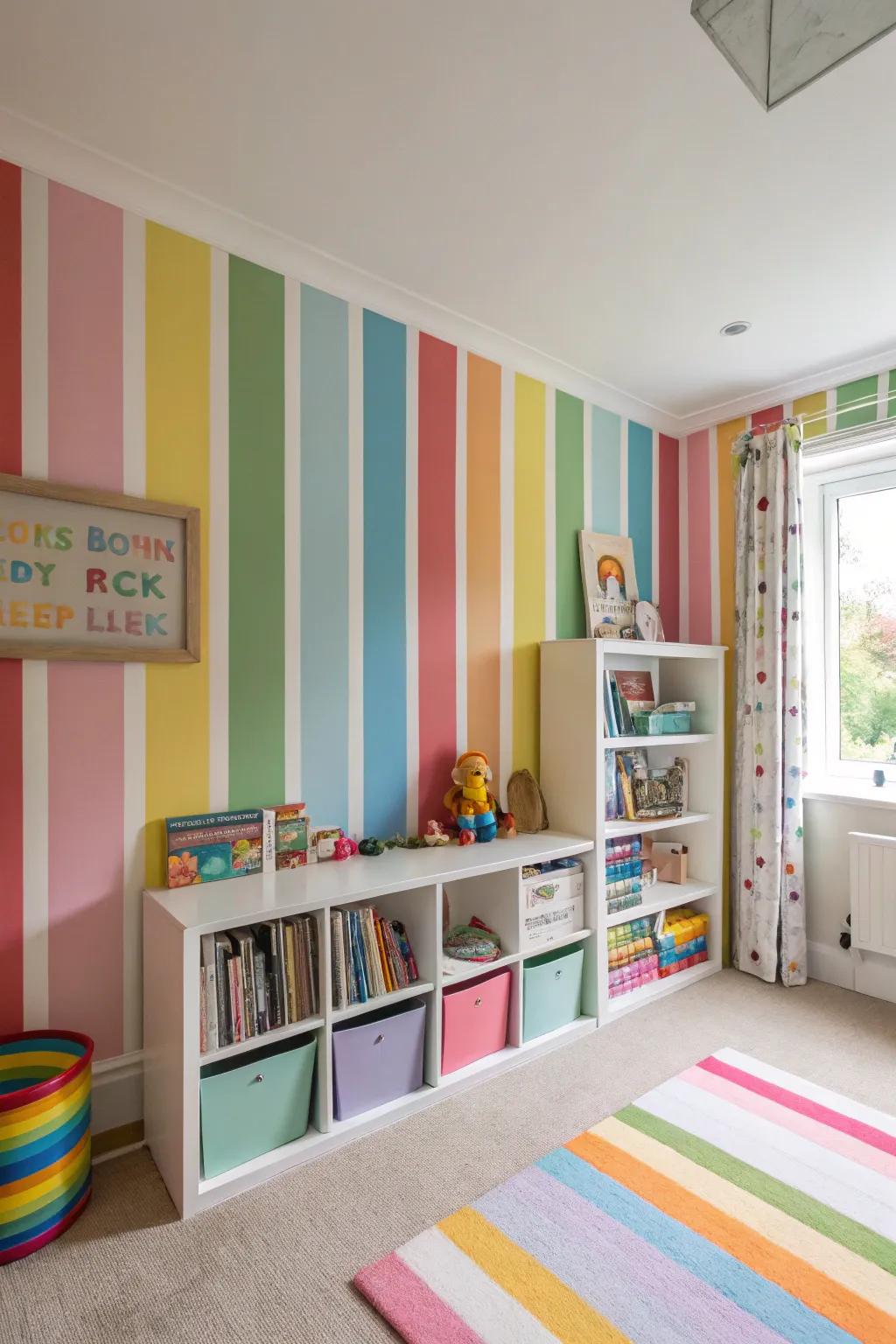 Vibrant stripes bring playfulness to a children's room.