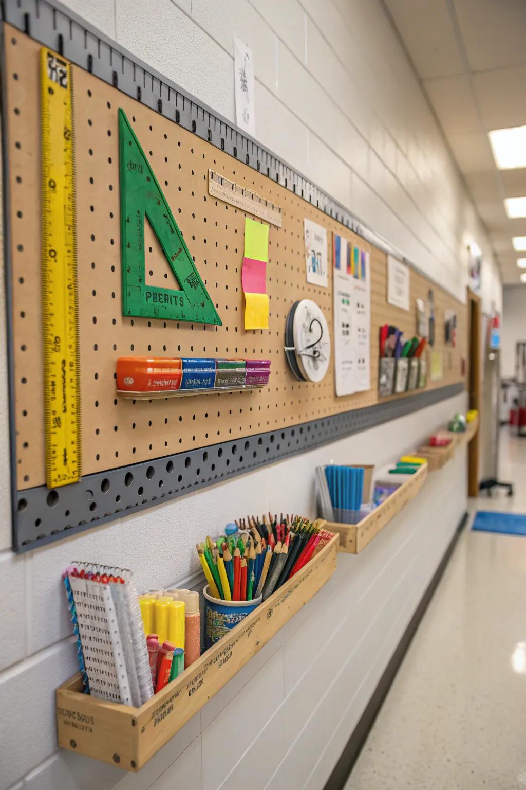 Practical pegboard setup on a school wall