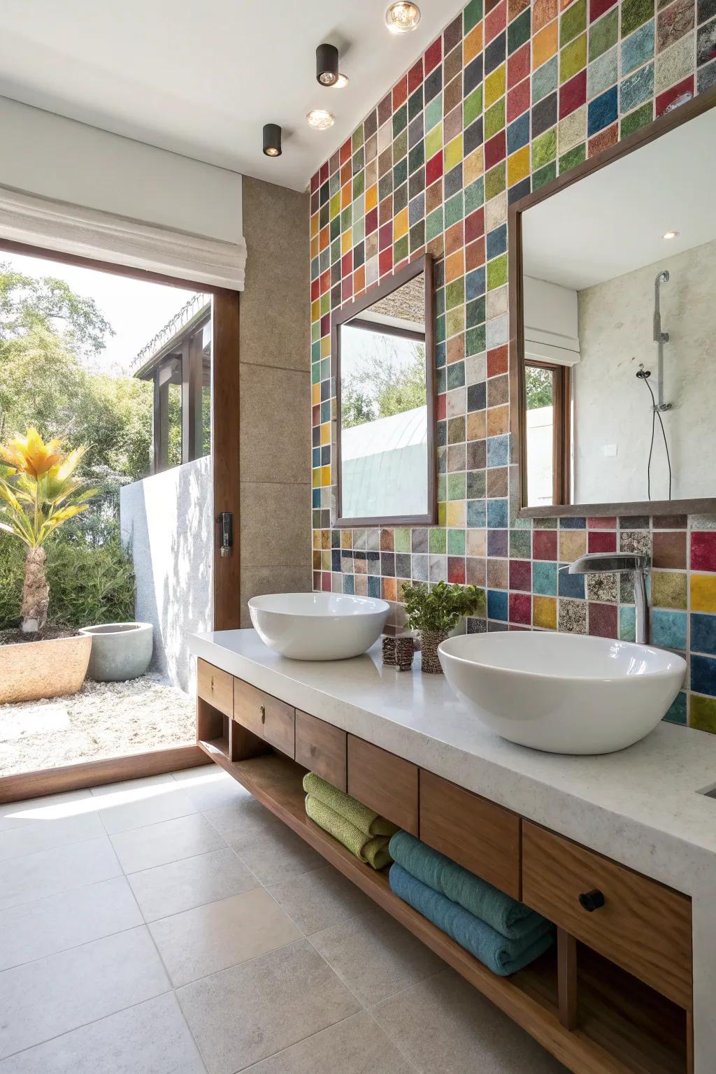 Mosaic walls act as captivating focal points in bathrooms.