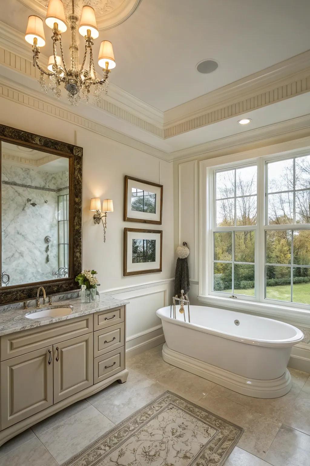 Framed panel edging enhances the elegance of this bathroom.