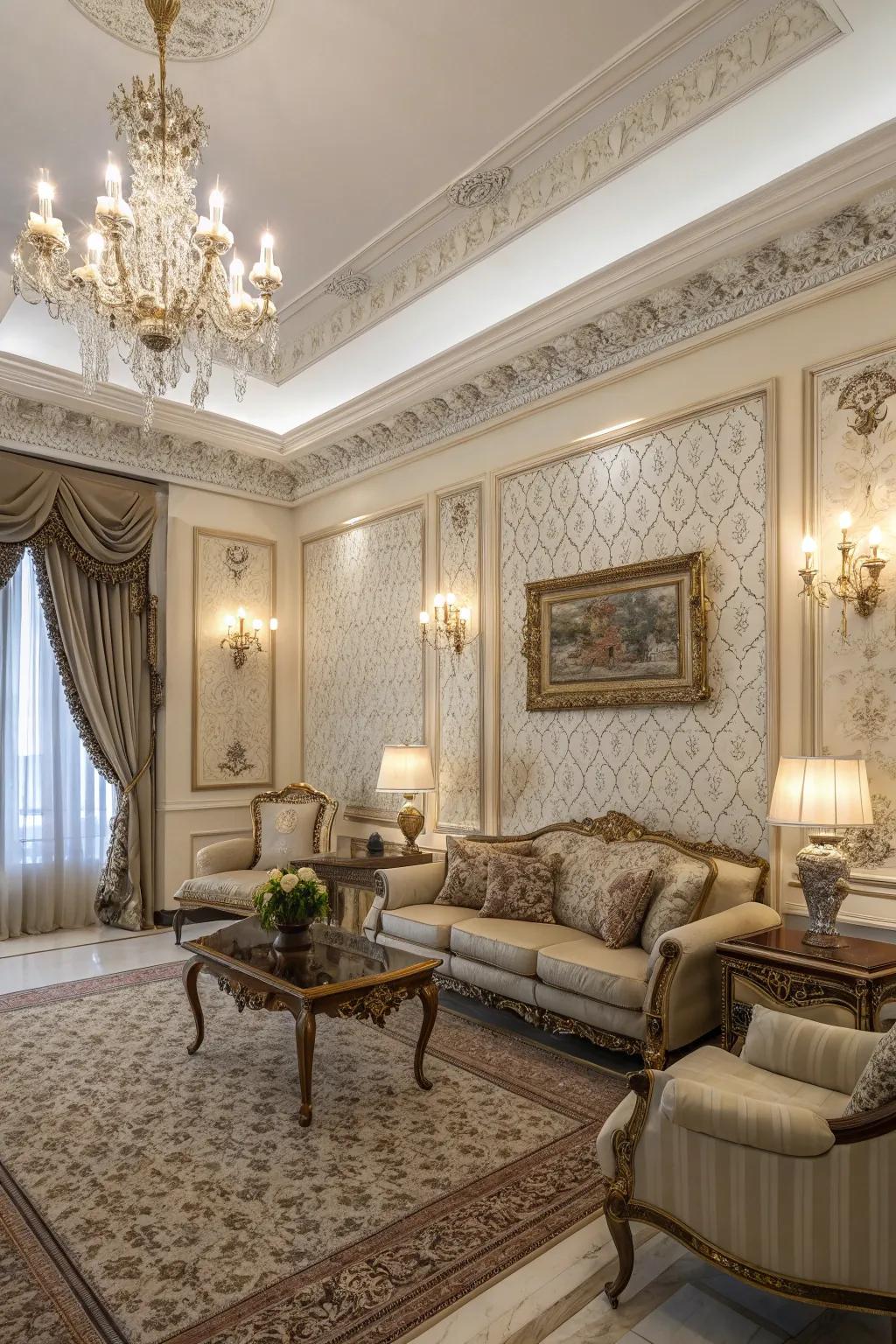An elegant living room elevated by an ornate wallpaper border.