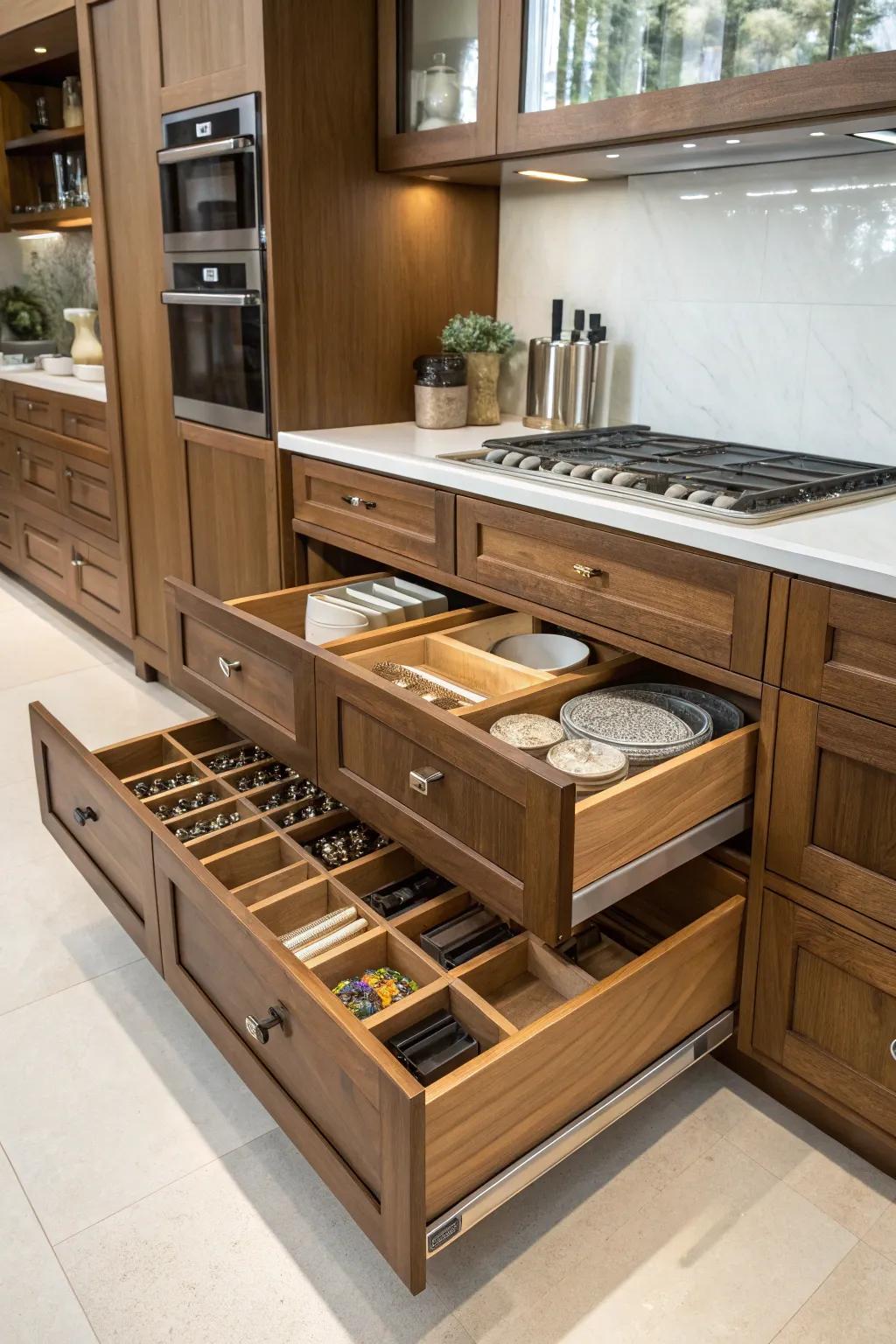 Smart storage keeps your pecan kitchen organized and chic.