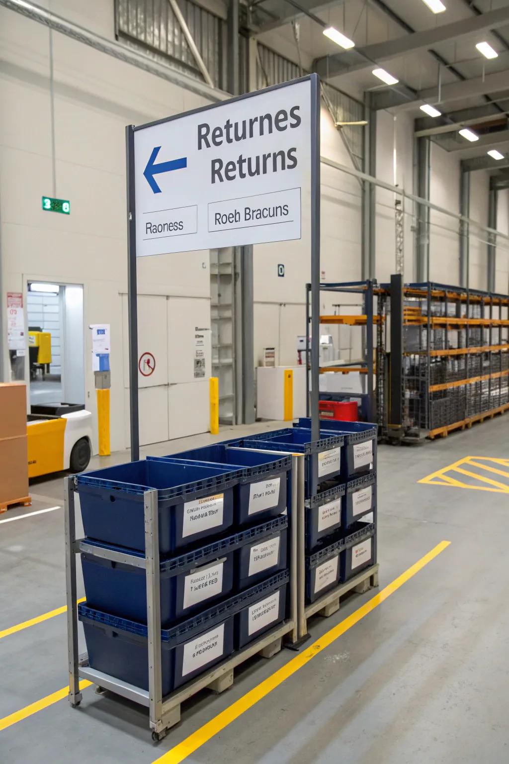 A designated returns area keeps the warehouse organized and reduces clutter.