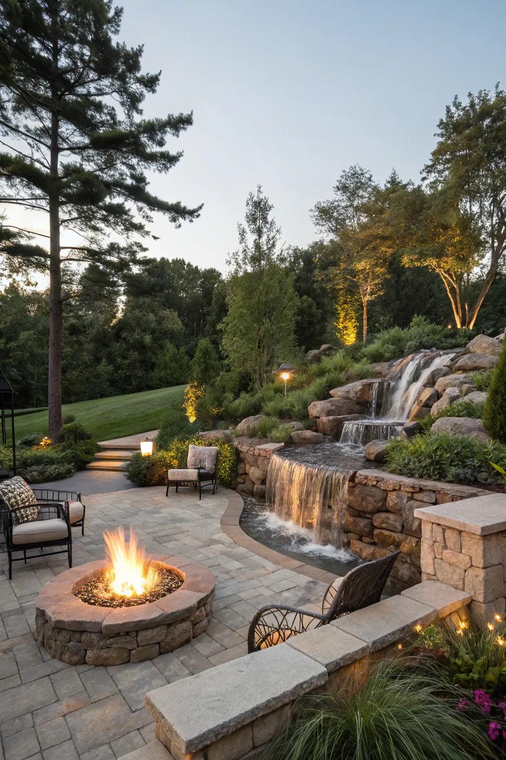 A flame and liquid display offers a captivating outdoor centerpiece.