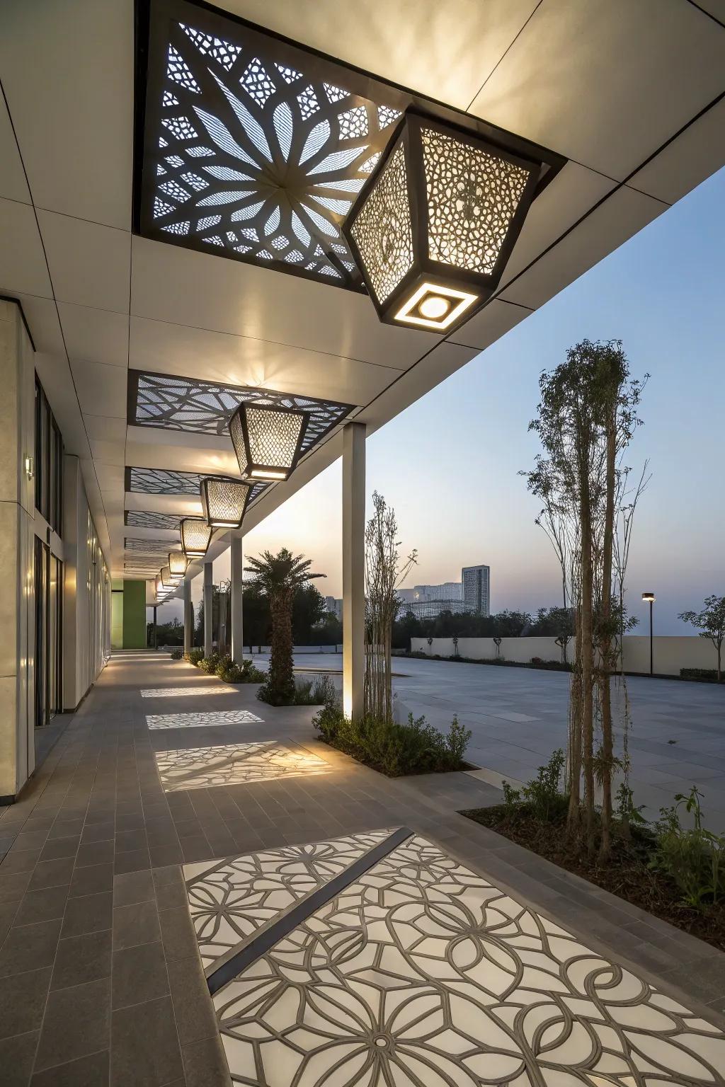 Geometric designs add a modern twist to outdoor lighting.