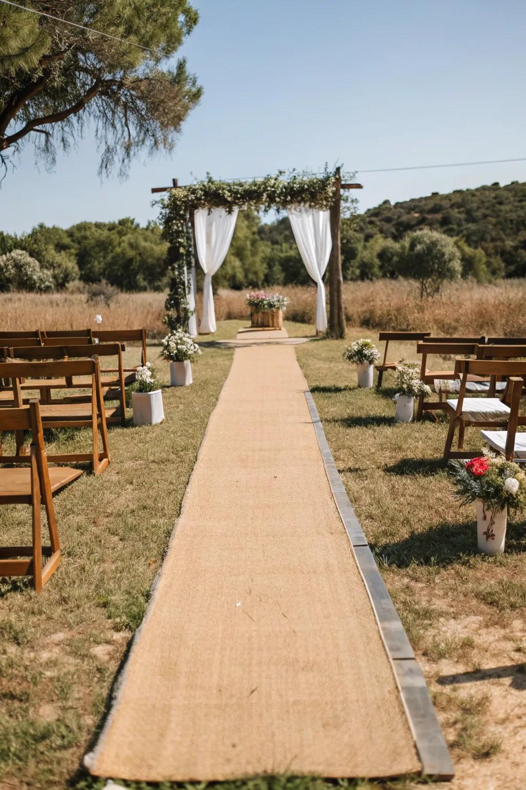 An earthy sisal path covering introduces texture to an outdoor ceremony.