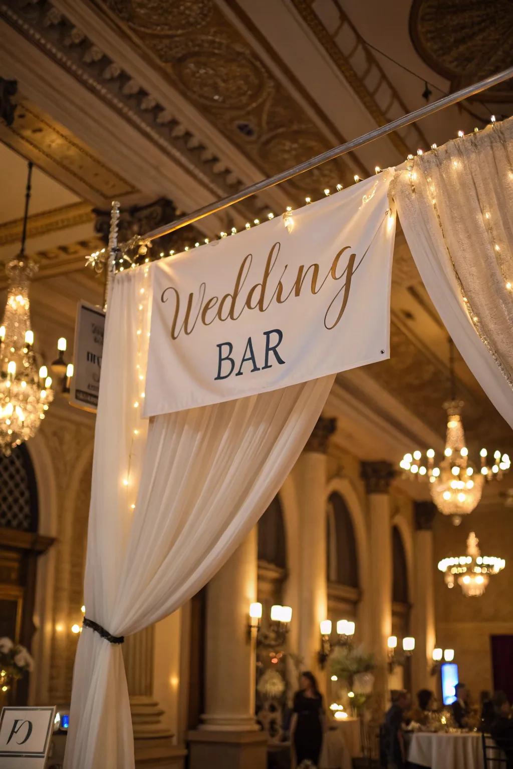 A luxurious hanging fabric banner bar sign.