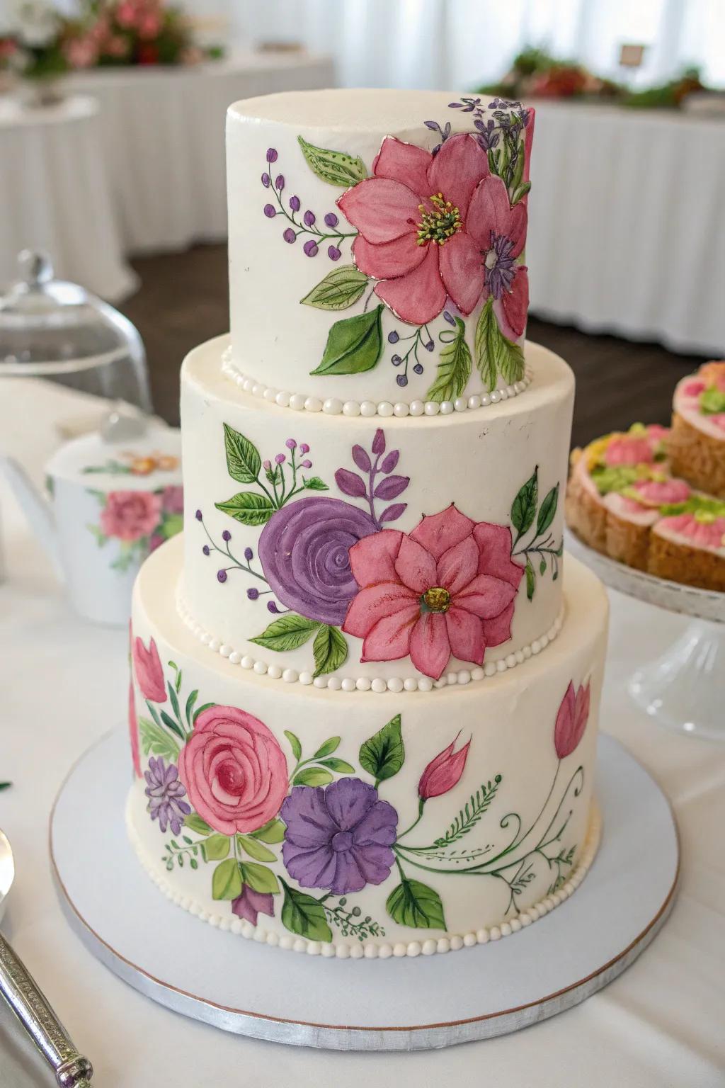 A wedding cake with hand-painted floral designs for an artistic expression.