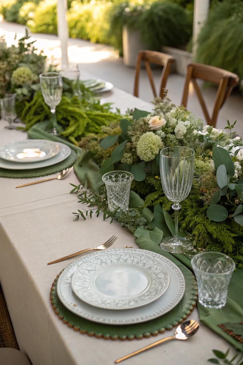A revitalizing botanical arrangement graces the wedding table.