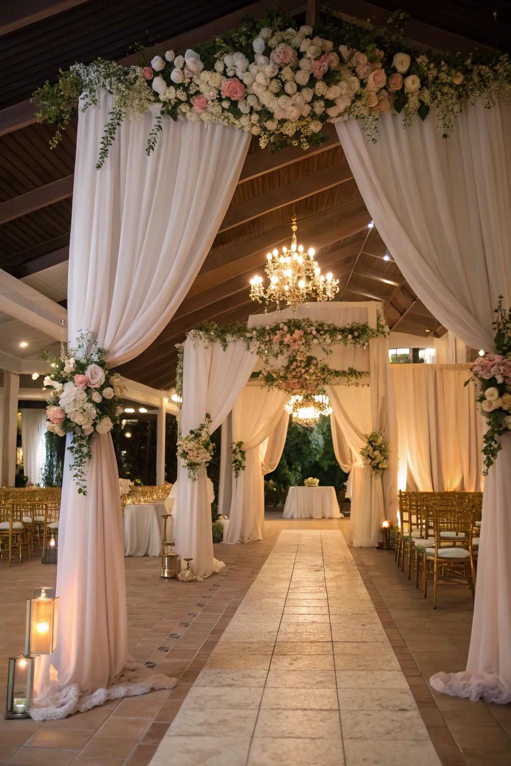 Enhance your venue with textile designs adorned with sentimental bloom accents.