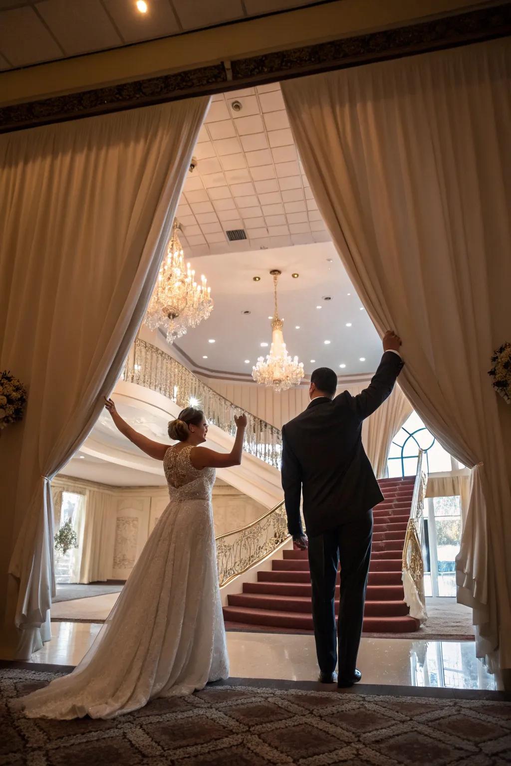 An impressive fabric reveal injects drama into the duo's entrance.
