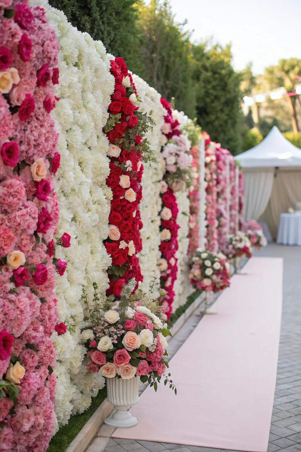 Vibrant flower wall with roses and hydrangeas