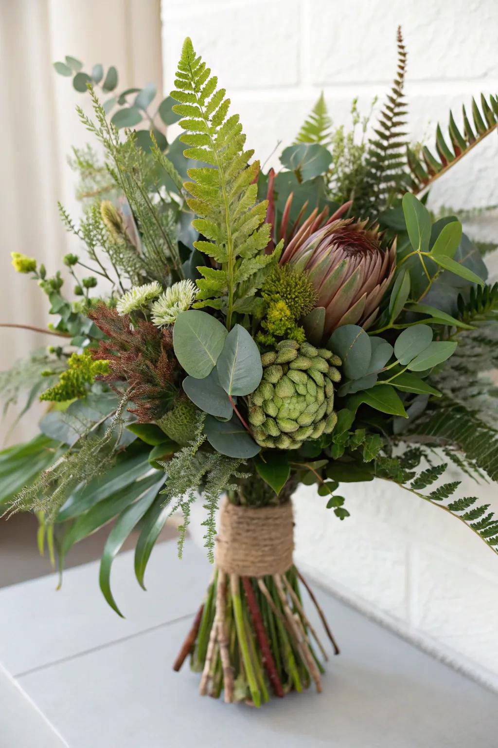 A sophisticated foliage arrangement with mixed textures.
