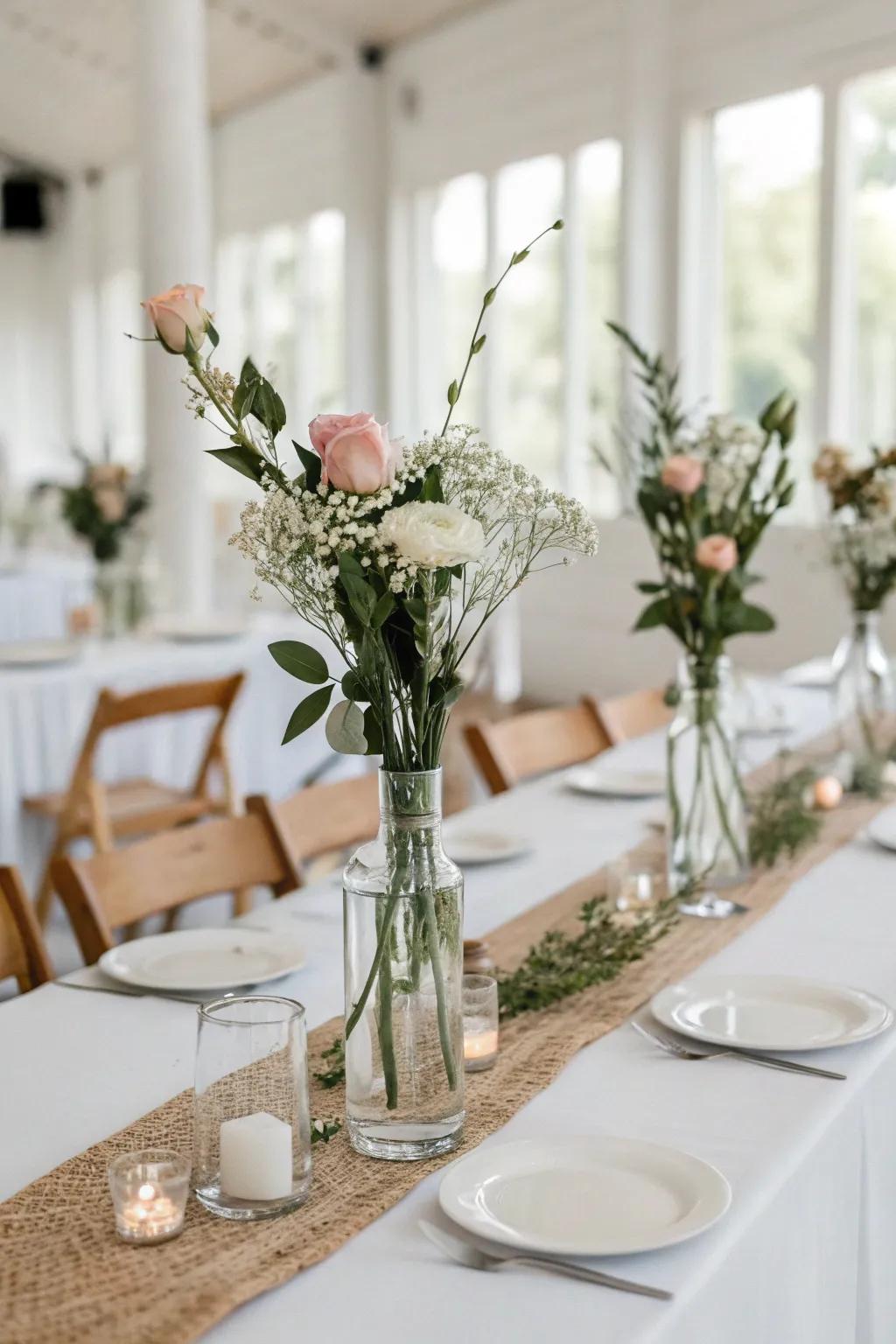 Uncomplicated glass jars with single-stem blossoms add elegance.