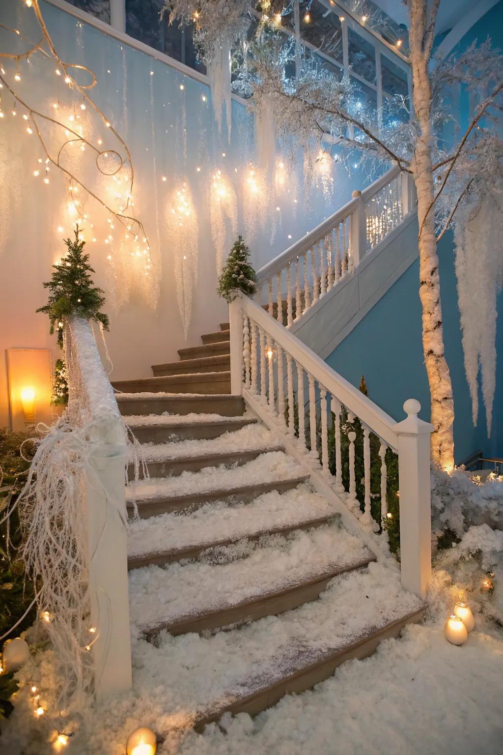 A winter wonderland theme introduces a captivating, seasonal element to this staircase.