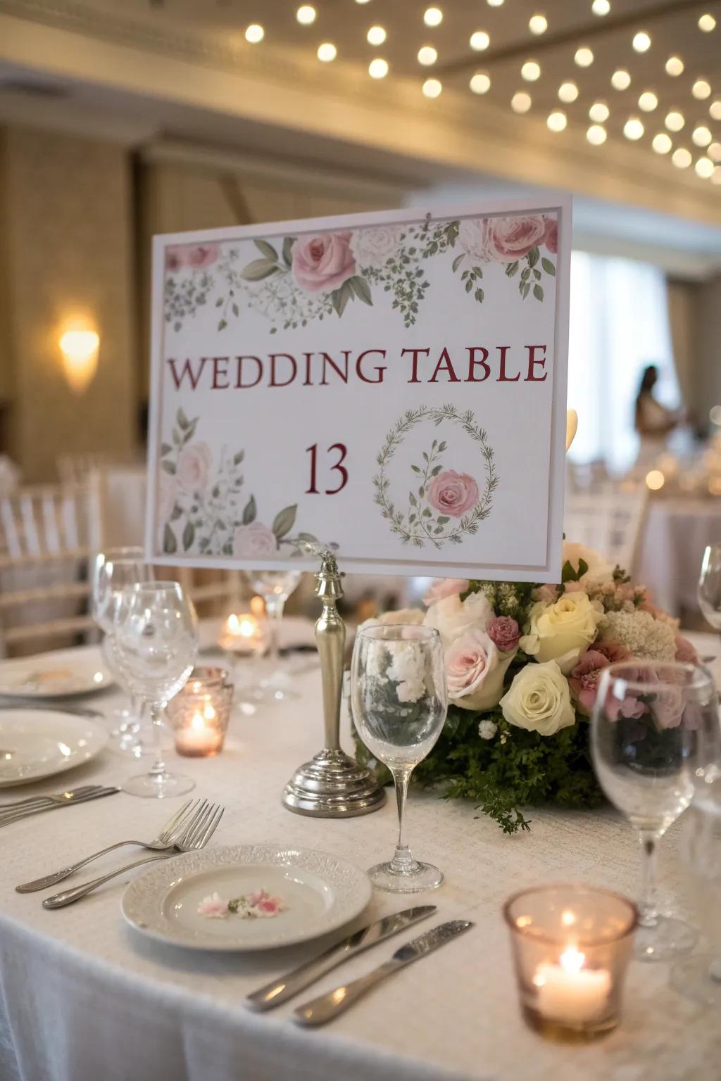 Table markers that are thematic enhance the overall wedding d&eacute;cor.