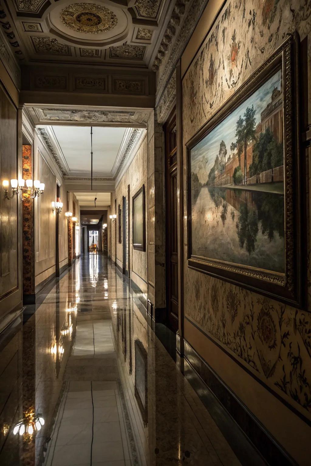 A painting of twisted repercussions lending enigma to a sophisticated passageway.