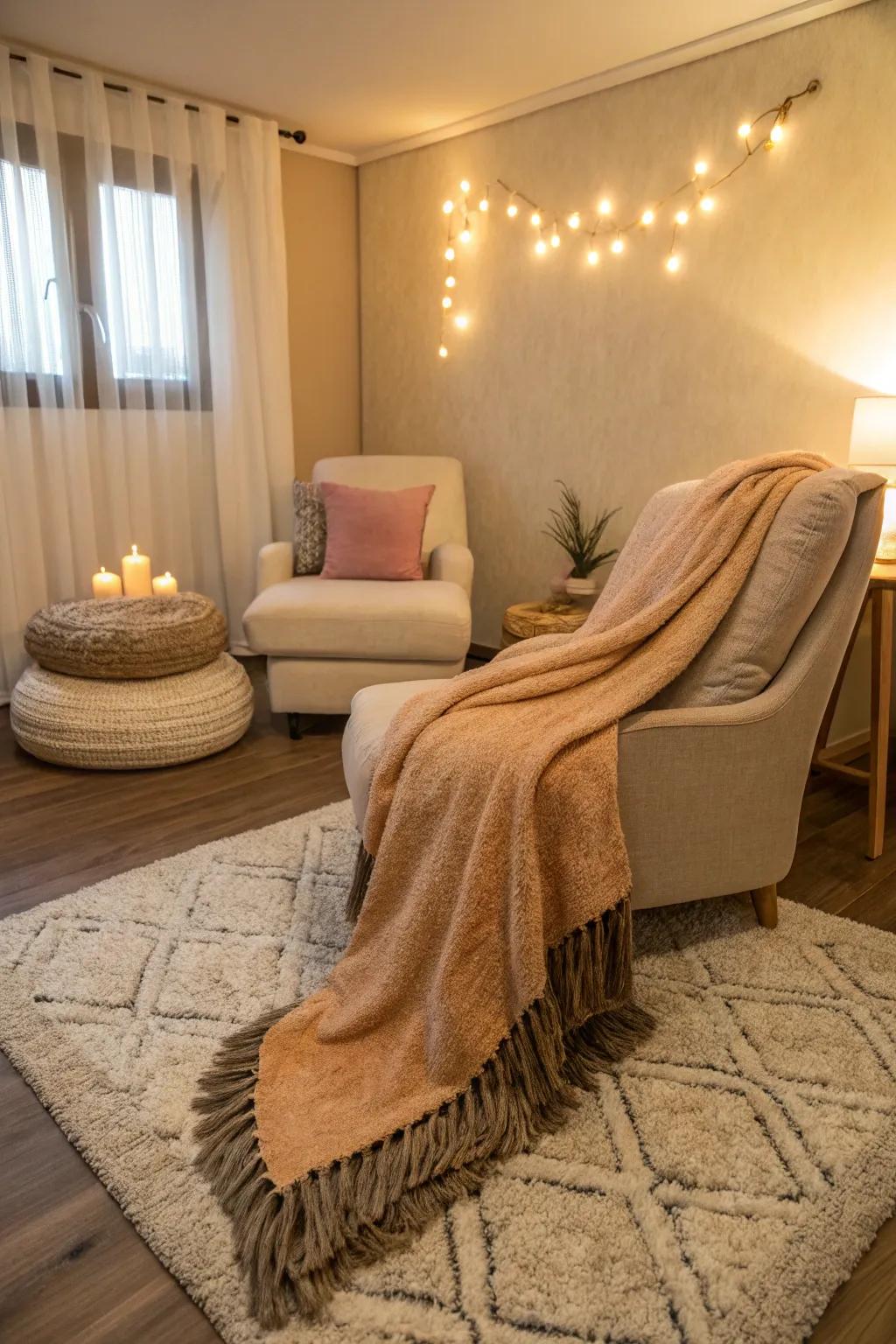 Texture and comfort: Soft elements for a cozy escape.