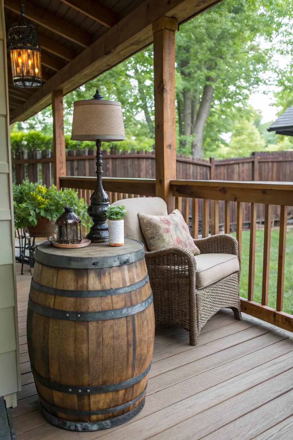 Liquor casks make perfect rustic small tables.