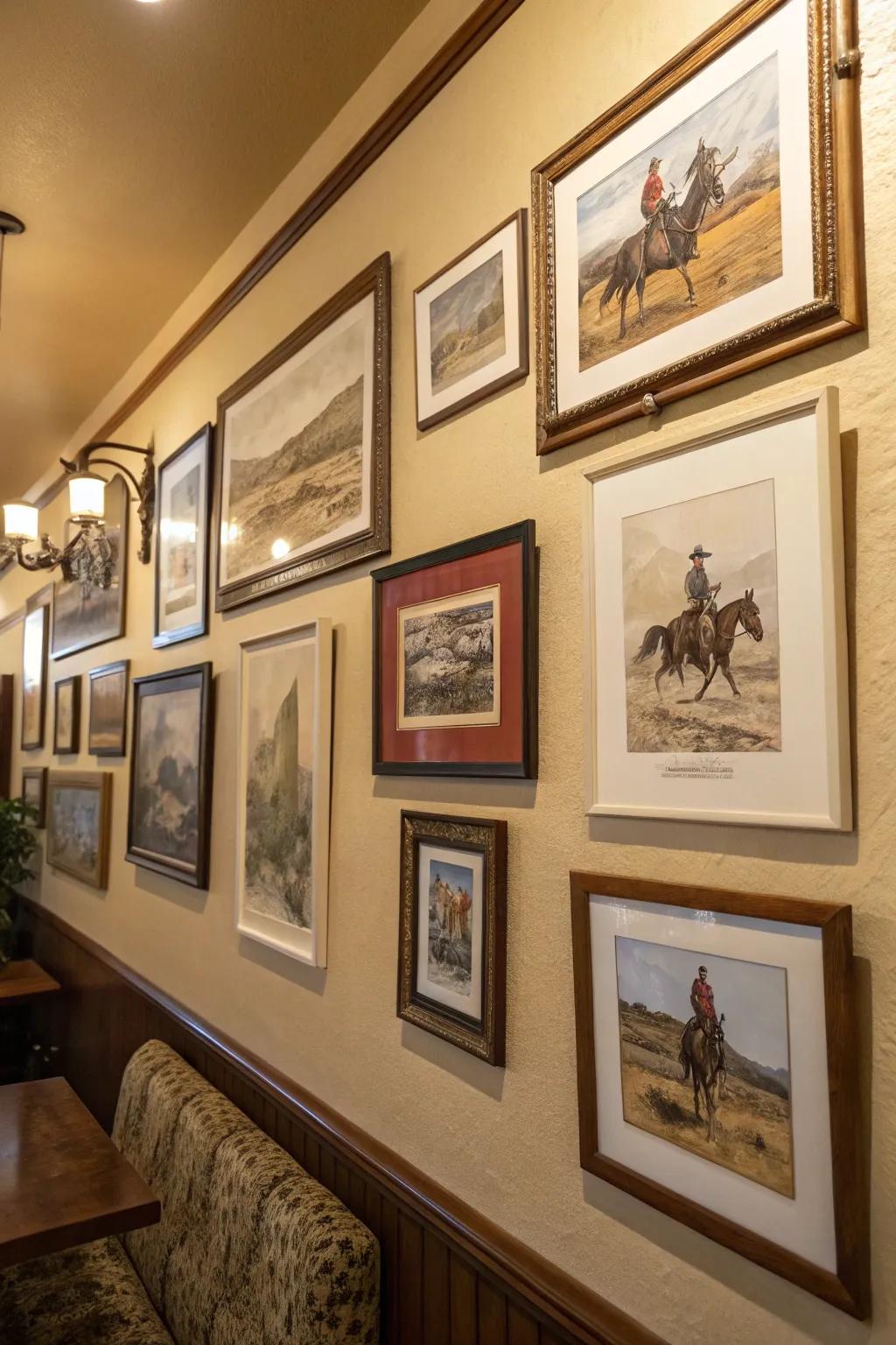 Collection of classic Western lithographs displayed in frames.
